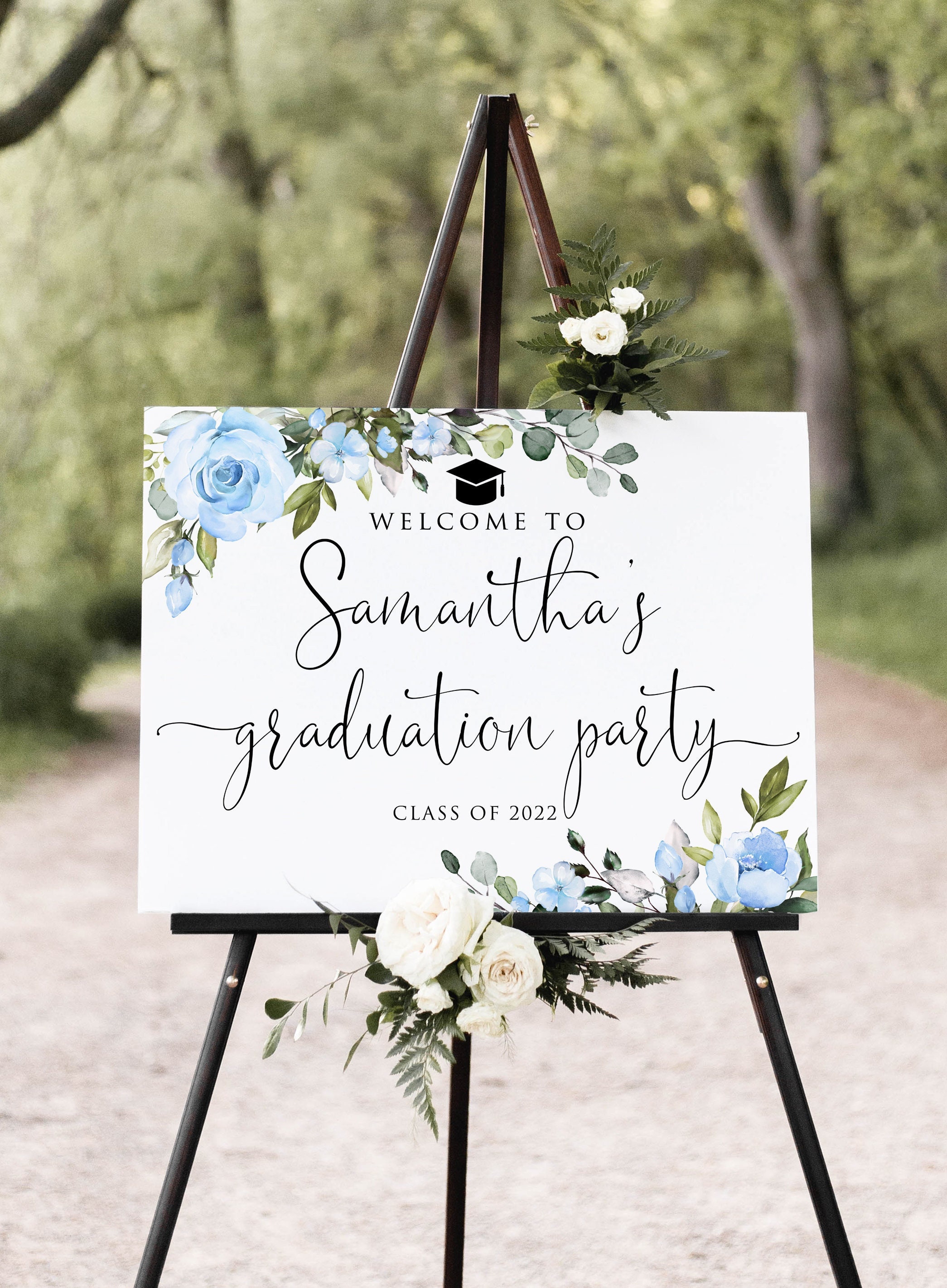 Blue Graduation Party Welcome Sign, Floral Graduation Welcome Sign, Grad Party Sign, Graduation Decorations, Digital file, W1411-1