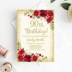 90th Birthday Invitation, Any Age Birthday Invitation, Ivory Red Birthday Invite, Boho Birthday Invite, Red and Gold Birthday, BW355