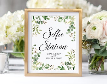 Greenery Selfie Station Sign, Photo Booth Sign, Grab a Prop and Strike a Pose Sign, Photo Booth Wedding Sign, W427