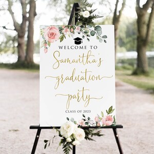 Blush and Gold Graduation Party Welcome Sign, Floral Graduation Welcome Sign, Grad Party Sign, Graduation Decorations, Digital file, W1267-1