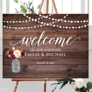 Rustic Welcome Wedding Sign, Welcome To Our Wedding Sign, Horizontal Landscape Wedding Sign, String Lights Sign, Mason Jar, Marsala, W337