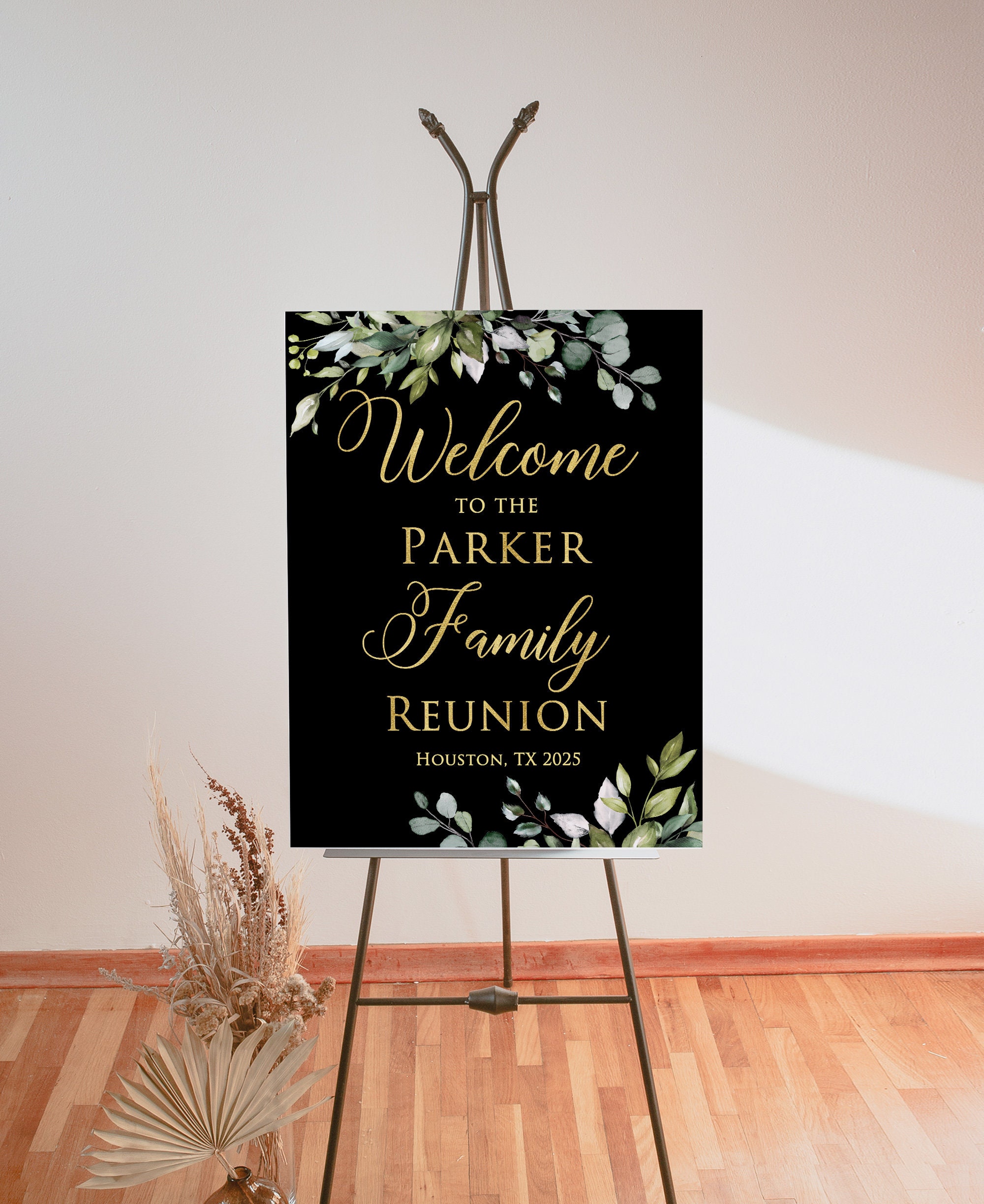 Black and Gold Family Reunion Welcome Sign, Greenery Reunion Welcome ...