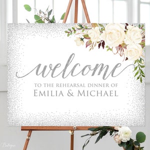 Winter Rehearsal Dinner Welcome Sign, Silver Ivory Rehearsal Dinner Welcome Poster, Landscape, W598