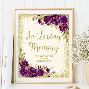 Eggplant In Loving Memory Wedding Sign, Memorial Table Sign, Ivory Floral Wedding Sign, Printable Memorial Sign, Purple, W462, BW462