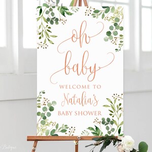 Greenery Oh Baby Welcome Sign, Baby Shower Welcome Sign, Calligraphy Welcome to Baby Shower Sign, Eucalyptus Baby Shower, Rose Gold, BS35