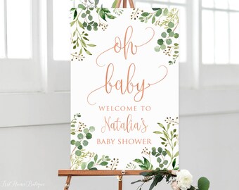 Greenery Oh Baby Welcome Sign, Baby Shower Welcome Sign, Calligraphy Welcome to Baby Shower Sign, Eucalyptus Baby Shower, Rose Gold, BS35