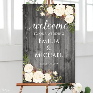 Signo de bienvenida de boda, signo de boda de bienvenida rústico, bienvenido a nuestro signo de boda, flores blancas, signo imprimible, archivo digital, W725