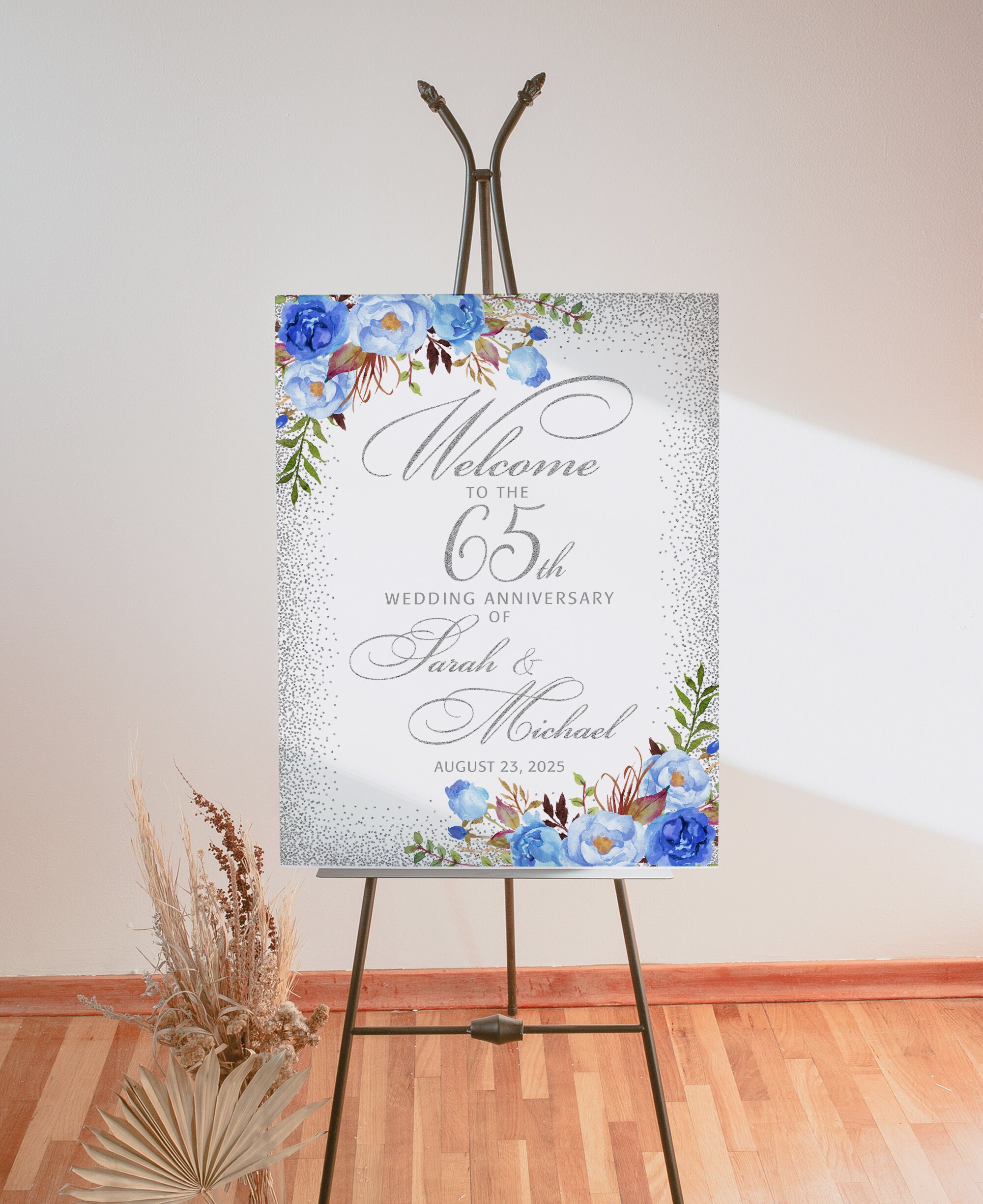 Printed or Digital Blue Floral 65th Anniversary Welcome Sign, W925