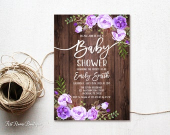 Baby Shower Invitation, Rustic Floral Baby Shower Invitation,  Baby Shower Invitation, Watercolor Baby Shower Invite, Purple, #BS750