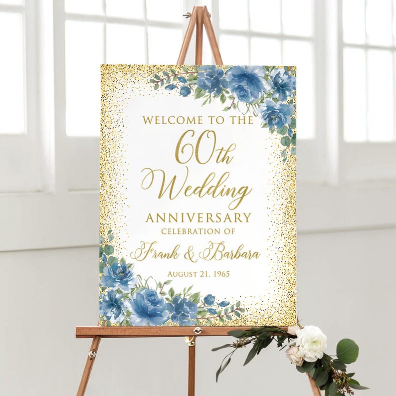60th Wedding Anniversary Welcome Sign, Dusty Blue Anniversary Sign ...