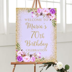 Purple Floral 70th Birthday Welcome Sign, Lavender Welcome Sign, Large Birthday Sign, Digital File, BW25-1