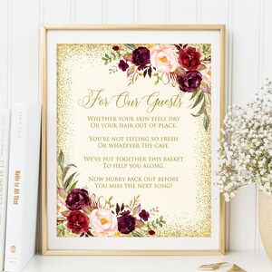 Wedding Bathroom Sign, Burgundy Wedding Bathroom Basket Sign, Restroom Basket Sign, Bathroom Sign, Marsala, Ivory, Gold, W541
