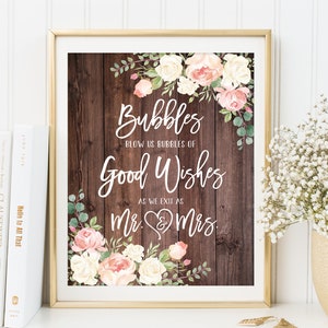 Bubbles Wedding Sign, Blow Us Bubbles of Good Wishes, Wedding Bubbles Sign, Rustic Bubbles Printable Sign, Blush and White Flowers, W475