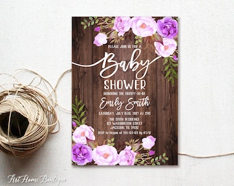 Baby Shower Invitation, Rustic Floral Baby Shower Invitation,  Baby Shower Invitation, Watercolor Baby Shower Invite, Purple, #BS94