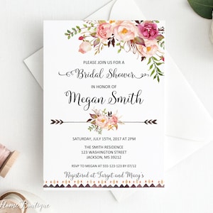 Bridal Shower Invitation, Floral Bridal Shower Invitation, Boho Bridal Shower Invite, Bridal Shower Printable, W282-B
