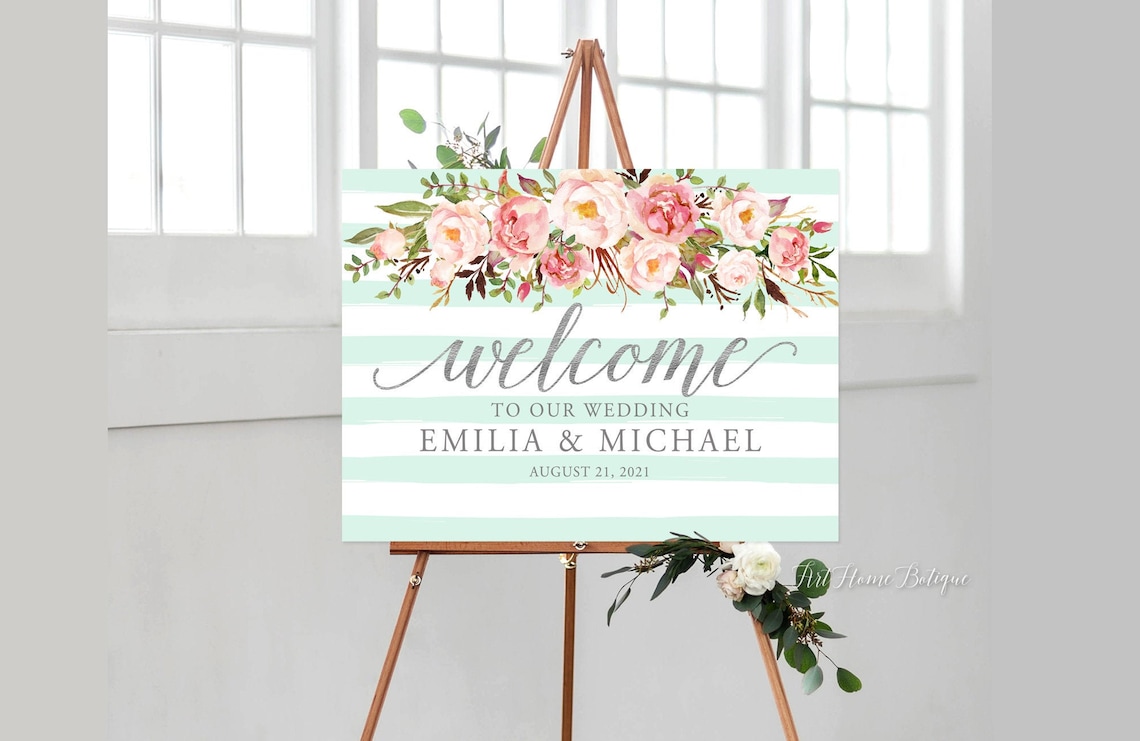 Mint and Silver Wedding Welcome Sign Mint Floral Wedding image 1