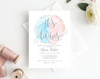 It’s Twins Invitation, Boy and Girl Twins Baby Shower Welcome Sign, Watercolor Baby Shower Invitation, Pink and Blue Baby Shower, BS056