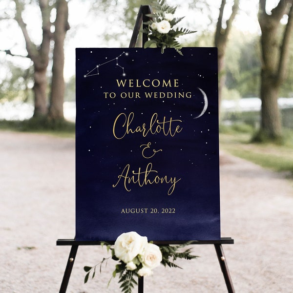 Starry Night Wedding Welcome Sign, Navy Wedding Welcome Sign, Moon Wedding Sign, Digital File, W1201-1