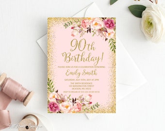 90th Birthday Invitation, Any Age Women Birthday Invitation, Floral Pink and Gold Women Birthday Invitation, Boho Birthday Invite, #W02
