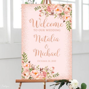 Rose gouden bruiloft welkomstbord, blush roze bruiloft welkomstbord, bloemen bruiloft weclome poster, W716