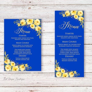 Carte de menu de mariage bleu royal, menu d'anniversaire imprimable, menu de mariage, cartes de menu bleu jaune, roses jaunes, W1184