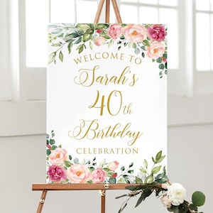 Pink Floral 40th Birthday Welcome Sign for Women, Digital File, WP57-5
