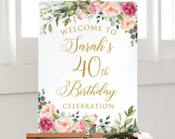Pink Floral 40th Birthday Welcome Sign for Women, Digital File, WP57-5