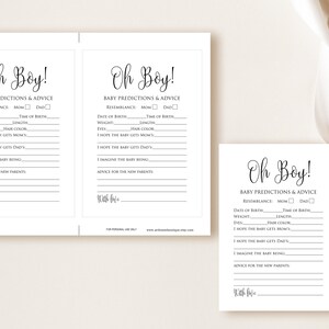 May include: Printable baby shower game cards with the text "Oh Boy!" and prompts for guests to predict the baby's birth details, such as weight, length, hair color, and resemblance to the parents.