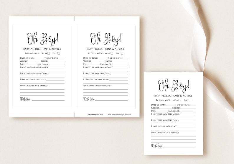 May include: Printable baby shower game cards with the text "Oh Boy!" and prompts for guests to predict the baby's birth details, such as weight, length, hair color, and resemblance to the parents.