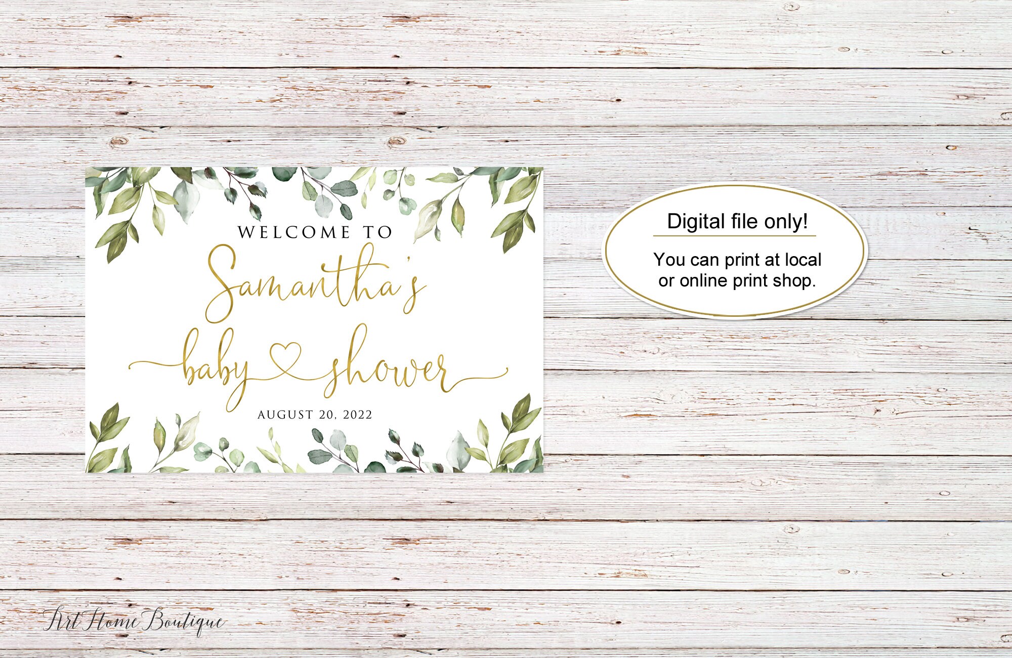 Faux Gold Foil W1128 Greenery Gold Baby Shower Welcome Sign Digital file Script Baby Shower Landscape Heart Baby Shower Sign