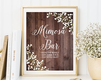 Rustic Mimosa Bar Sign, Wedding Bar Sign, Bubbly Bar Sign, Bridal or Baby Shower Wedding Event, Baby’s Breath, Gypsophila, W310