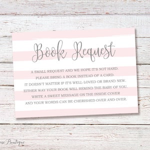 Apportez un livre au lieu d'une carte, encart pour baby shower Apportez un livre, carte de demande de livre, baby shower à rayures, baby shower rose gris, BS037
