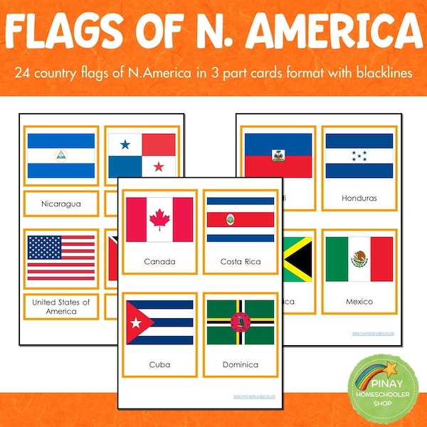 North American Flags Montessori 3 Part Cards