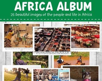 May include: An Africa Album educational set featuring 25 images of life in Africa. The collection includes photographs of people, markets, and cultural artifacts, with descriptive text captions below each image and a green header title.