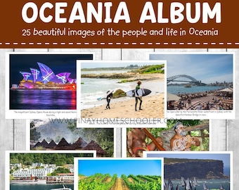 May include: An Oceania Album educational resource featuring 25 images of life in Oceania. The cover displays a collage of photographs including the Sydney Opera House, surfers, the Harbour Bridge, indigenous people, a vineyard, and a sailboat race.