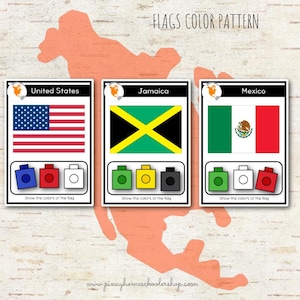 Puede incluir: Tres tarjetas educativas tituladas FLAGS COLOR PATTERN con las banderas de Estados Unidos, Jamaica y México. Cada tarjeta muestra la bandera nacional sobre tres iconos de bloques de colores con el texto Show the colors of the flag.