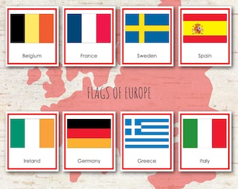 May include: A set of flashcards featuring the flags of European countries. The flags are displayed on white squares with red borders and the country name printed below each flag. The flags include Belgium, France, Sweden, Spain, Ireland, Germany, Greece, and Italy. The text "FLAGS OF EUROPE" is printed in black on a pink background.