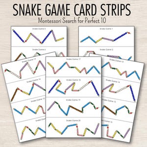 May include: Educational paper sheets titled SNAKE GAME CARD STRIPS Montessori Search for Perfect 10. The sheets feature multiple rows of zigzagging bead chains in various colors including blue, yellow, purple, green, brown, pink, and white.