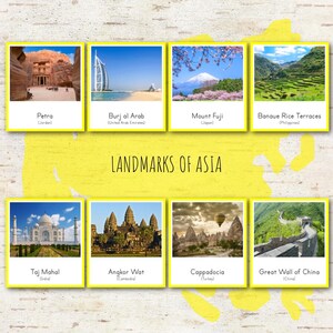 Tarjetas Montessori de 3 partes sobre lugares emblemáticos de Asia