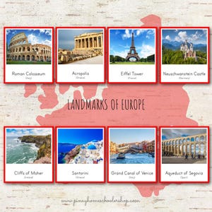 Tarjetas Montessori de 3 partes y tarjetas informativas sobre lugares de interés de Europa