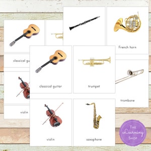 Tarjetas de 3 partes de instrumentos musicales Montessori