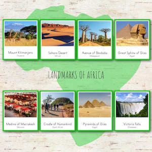 Landmarks of Africa Cartes et fiches d'information Montessori en 3 parties