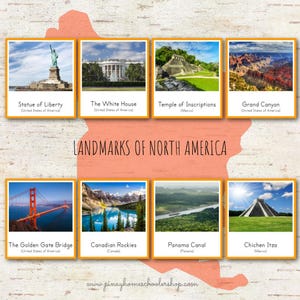 Cartes et fiches d'information Montessori en 3 parties, monuments emblématiques de l'Amérique du Nord