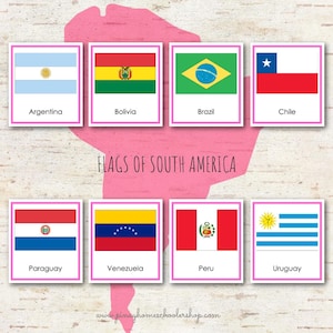 Banderas de América del Sur Montessori en tarjetas de 3 partes y patrones de líneas negras
