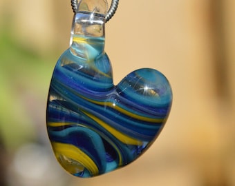 Hand Blown Glass Pendant - Blue/Yellow/Clear Heart Charm