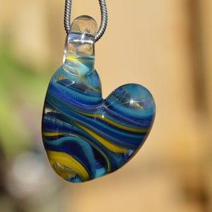 Hand Blown Glass Pendant - Blue/Yellow/Clear Heart Charm