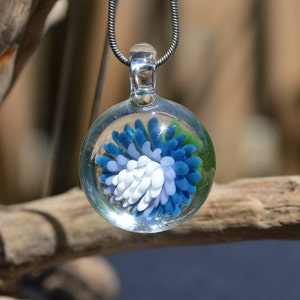 Hand Blown Glass Pendant - Implosion Flower Blue/White