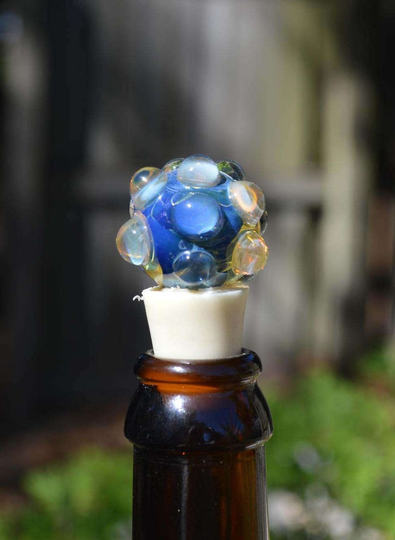 Hand Blown Glass Wine or Beer Bottle Stopper Silver Fumed Cobalt
