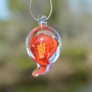 Pode incluir: Um colar de corrente de prata com um pingente de vidro transparente que contém uma flor vermelha com centro amarelo.