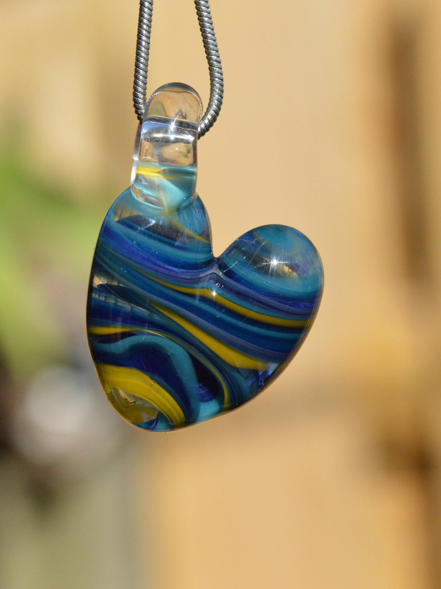 Hand Blown Glass Pendant Blue yellow clear Heart Charm Etsy Ireland